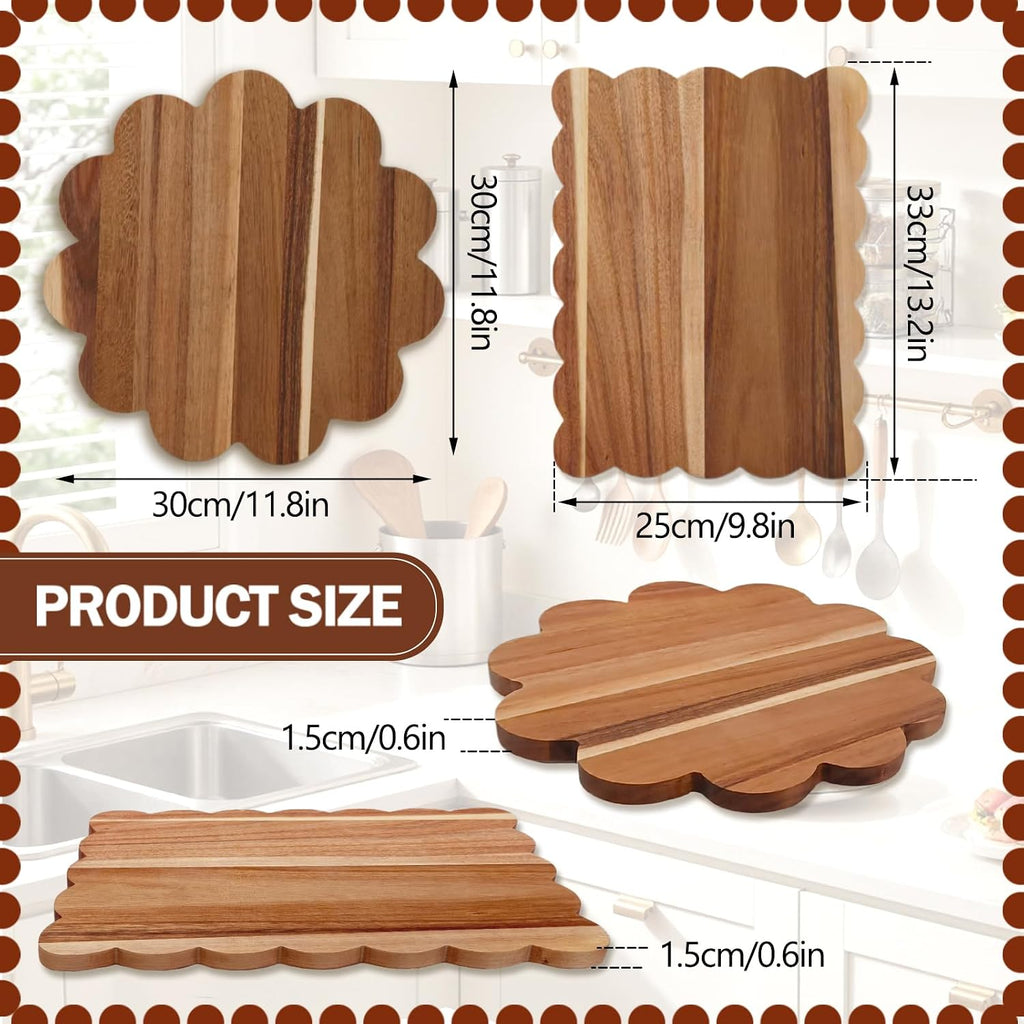 Acacia Wood Scalloped Cutting Boards Set, Decorative Wooden Charcuterie Boards with Handle for Cheese Pizza Meat