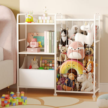 Kids Bookshelf and Toy Storage Organizer, Stuffed Animal Storage Holder with Fabric Toy Chest, 2-Tier Toddler Book