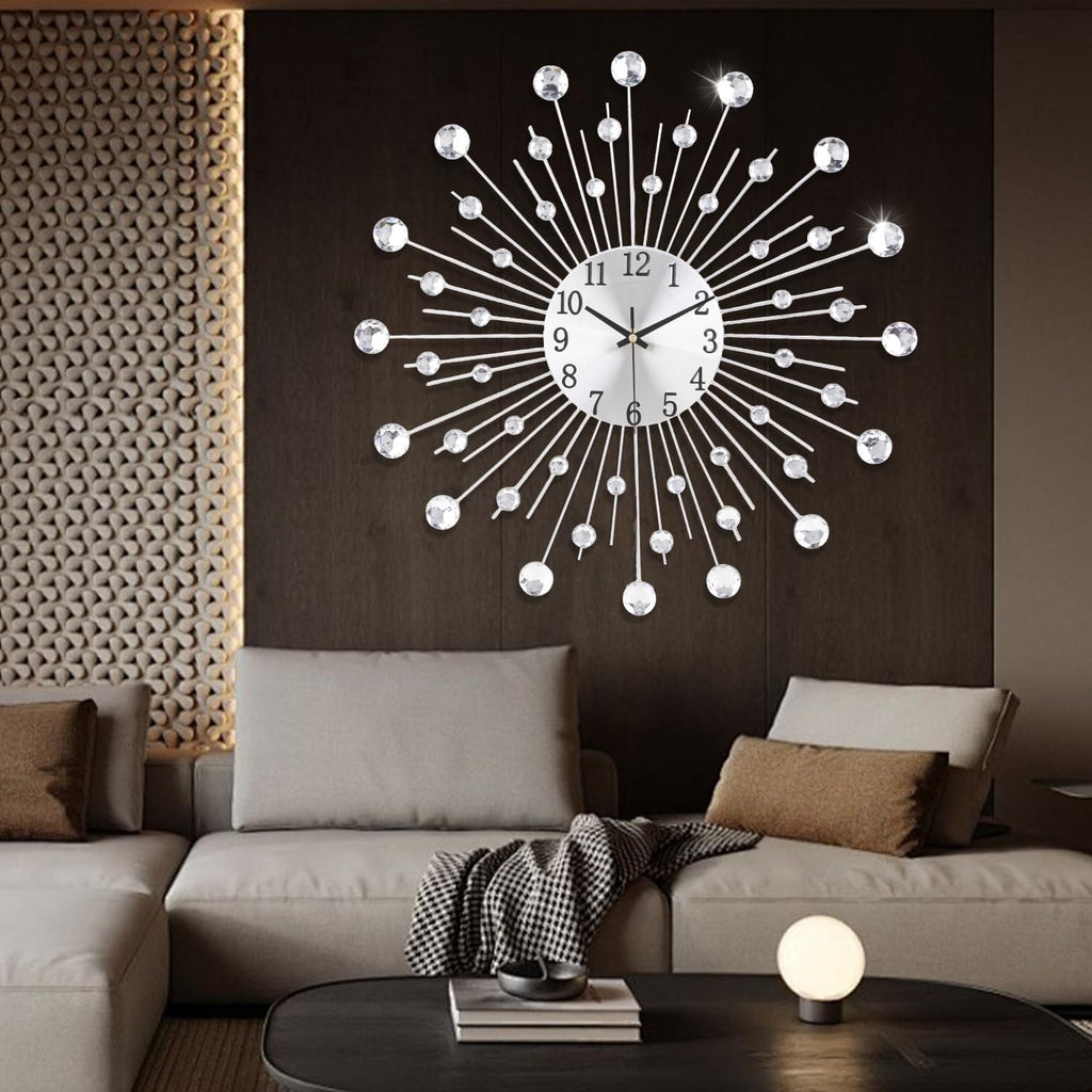 Large Wall Clock Decor Non-Ticking Quiet Metal Quartz Clocks Modern Dial Bling Big Diamond Wall Clocks Kitchen