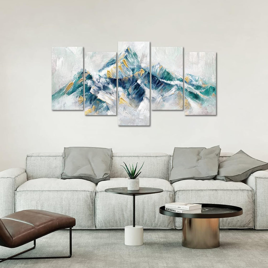 Large 5 Piece Abstract Canvas Wall Art Teal Green and Gold Mountain Painting Prints Modern Green Artwork Office