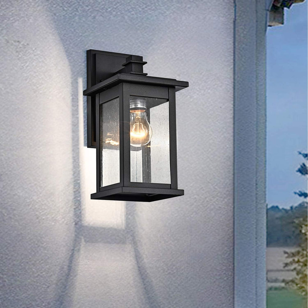 2-Pack Black Outdoor Wall Sconce, 12-Inch Modern Square Exterior Light Fixtures with Clear Seedy Glass