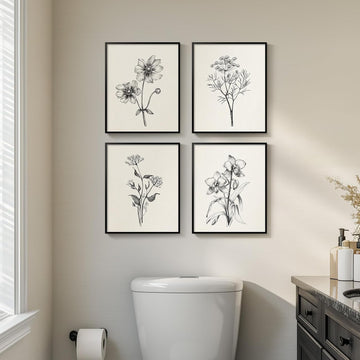 Framed Black and White Bathroom Wall Art, 4 Piece Vintage Floral Canvas Prints Artwork for Farmhouse, Rustic