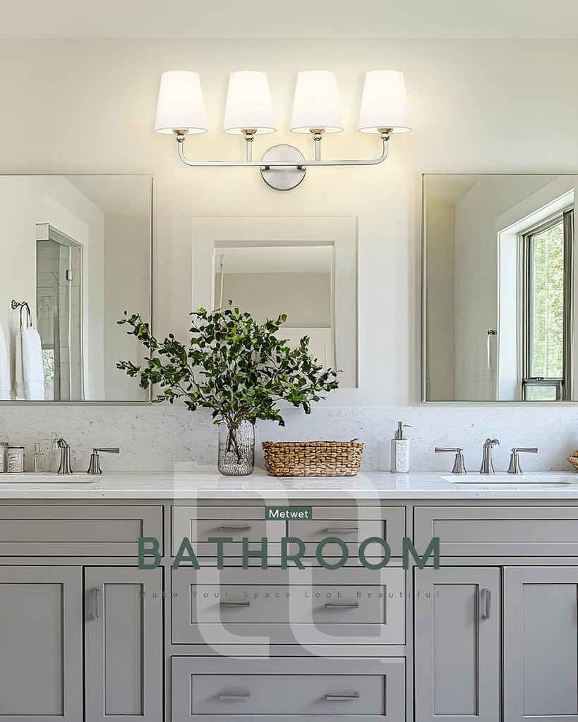 4-Light Brushed Nickel Bathroom Vanity Light, White Fabric Shades | Ideal for 32-42" mirrors, 28" bathroom light