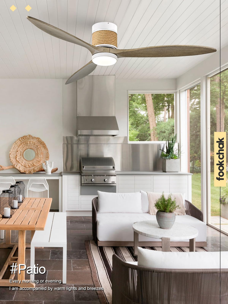 60in Boho White Ceiling Mount Fan Light Dimmable with Remote Control 3 Blade Hemp Rope Ceiling Fan with Light Coastal