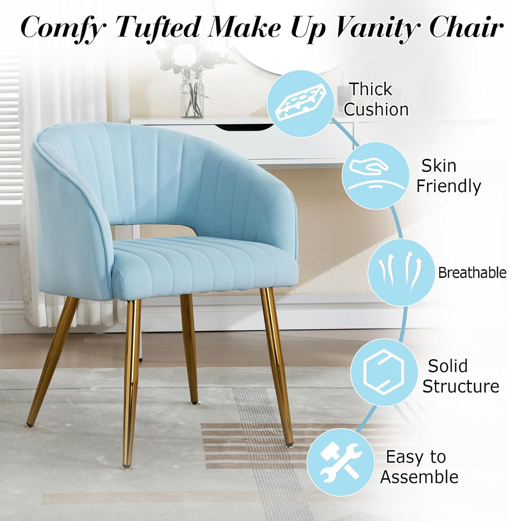 Modern Velvet Vanity Chair, Home Office Desk Chair with Hollow Back, Upholstered Dining Chair with Gold Metal Legs