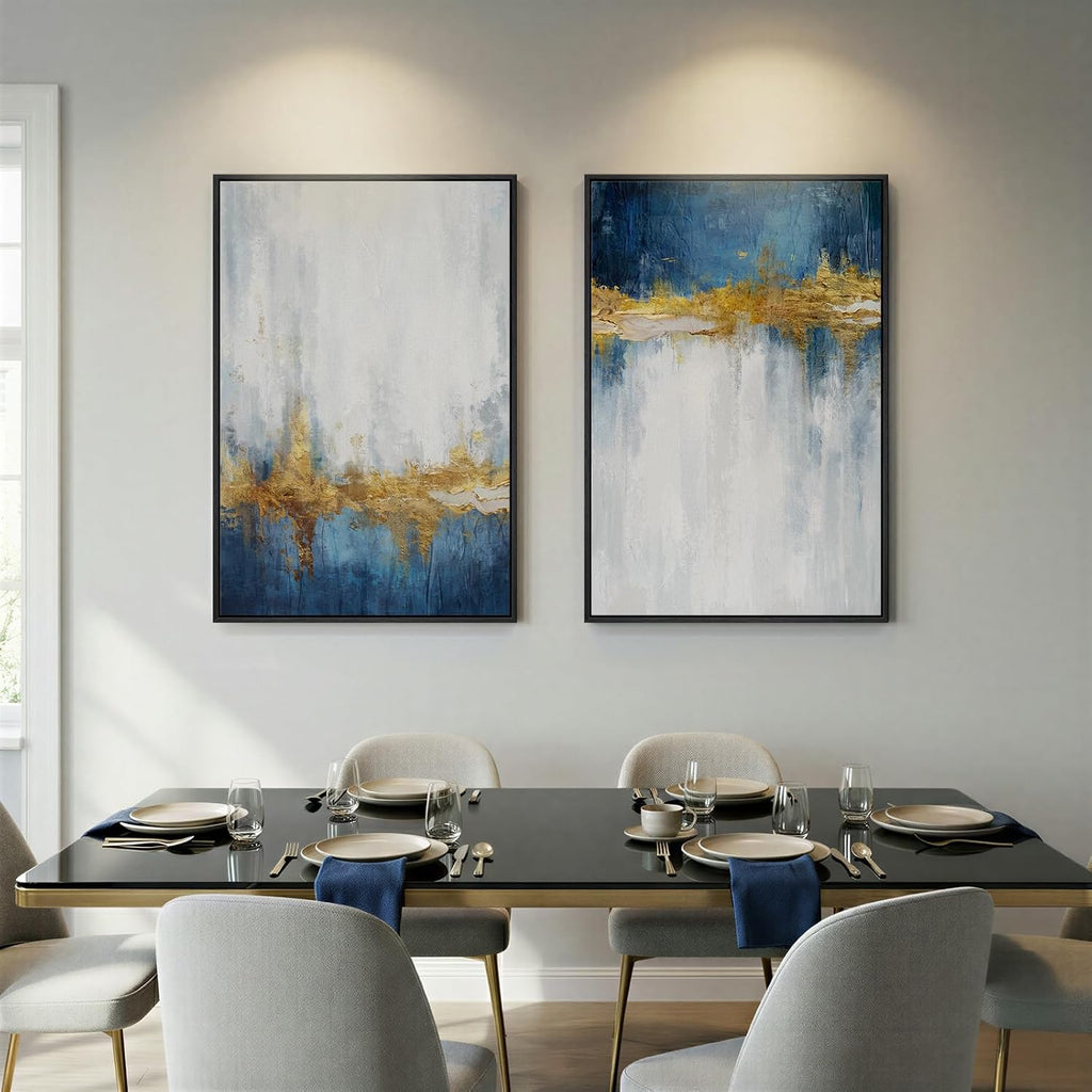 Framed Blue and White Abstract Wall Art , Set of 2 Large Gold Modern Luxury Canvas Artwork for Walls, Contemporary