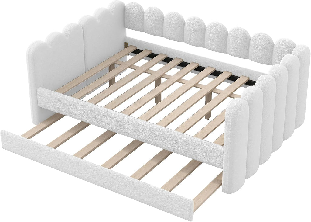 Queen Size Upholstered Daybed with Trundle Bed, Bouclé Fabric Scalloped Wave Shaped Frame, Platform Sofa Bed with