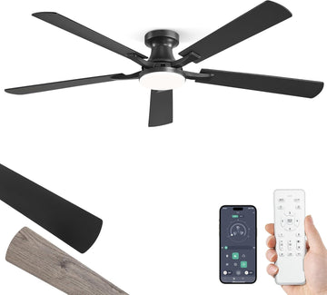 60 Inch Ceiling Fan with Light, App&Remote Control, Flush Mount Low Profile, Dimmable 20W LED Light, Quiet Reversible Motor for Bedroom, Living Room, Apartment, Black