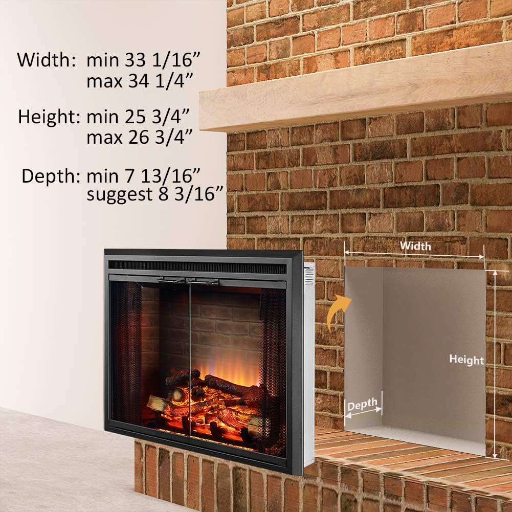 Klaus Electric Fireplace Insert with Fire Crackling Sound, Glass Door and Mesh Screen, 750/1500W, Black