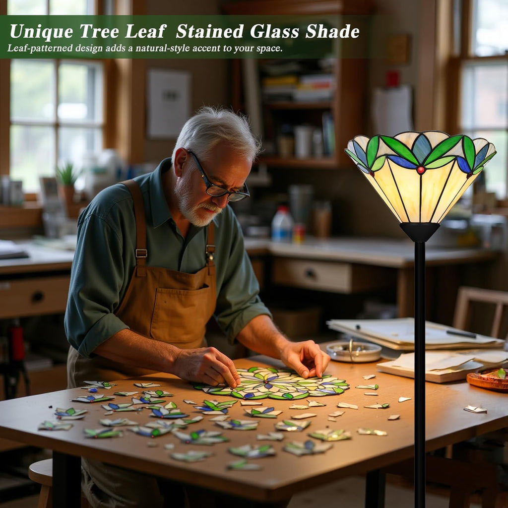 Floor Lamp with Tree Leaf Stained Glass Shade, Torchiere Floor Lamp, Tall Corner Pole Lamp with Foot Switch