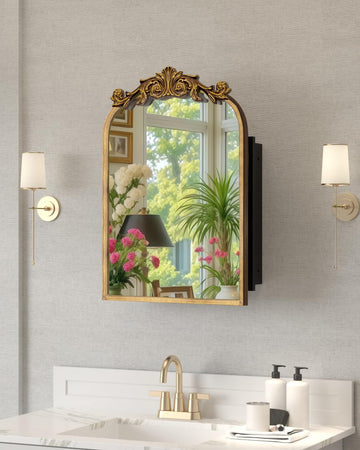 16x24 Inch Bronze Medicine Cabinet Mirror with Hand-Made Vintage Carving Flower and Aluminum Frame, Full Metal