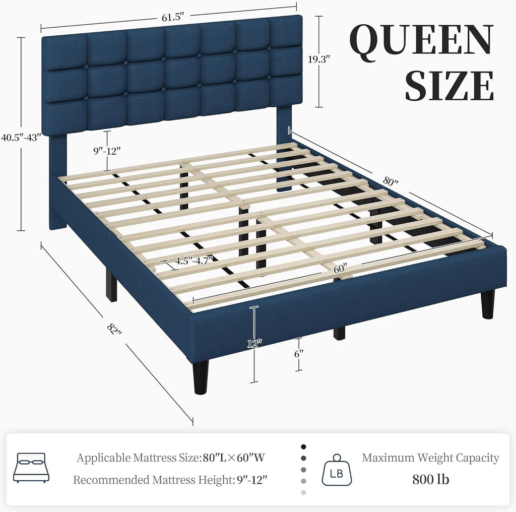 Upholstered Bed Frame, Modern Queen Bed Platform with Square Stitched&Button Tufting Headboard Height Adjustable