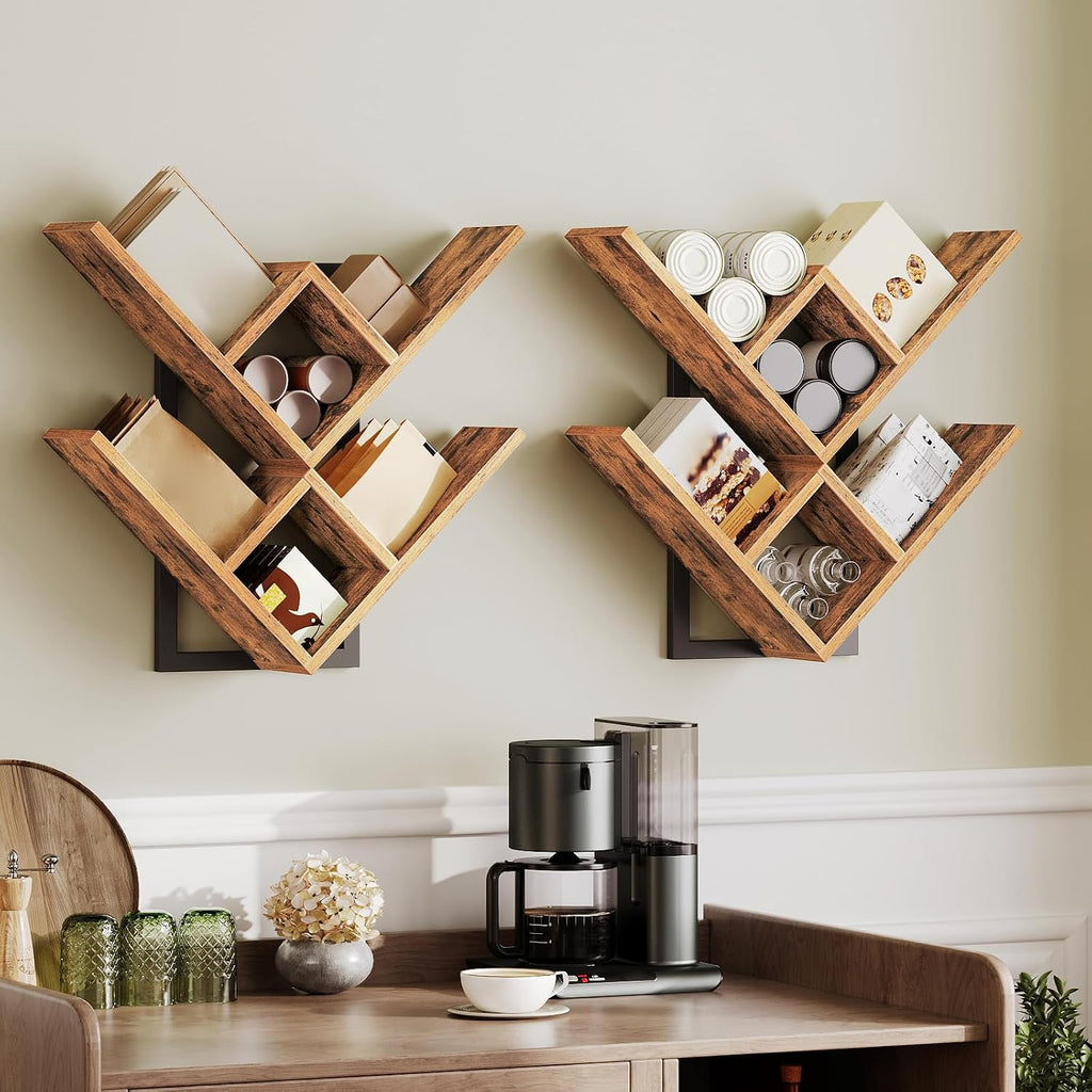 Floating Shelves for Wall, Set of 2 Wall Mounted Shelves, 2-Tier Wooden Tree Bookshelf, Hanging Shelves Storage Rack