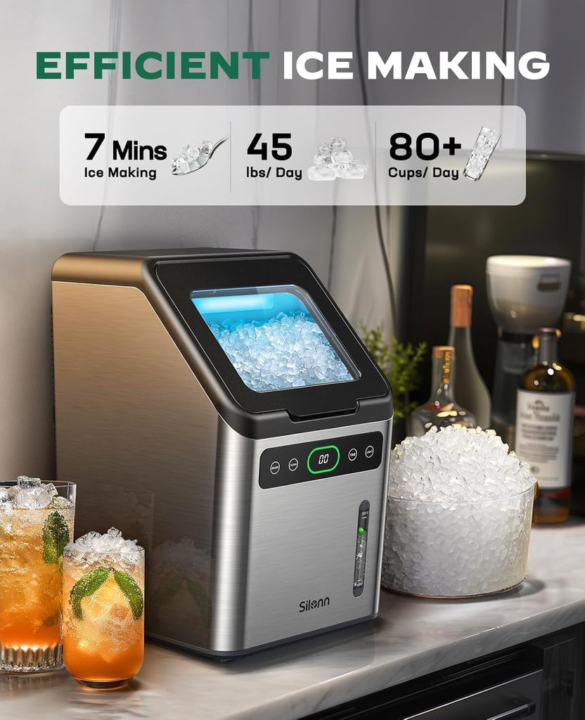 Nugget Ice Maker Countertop - 44lbs/Day Soft Chewable Pebble Ice, Self-Cleaning One-Click Operation, Stainless Steel