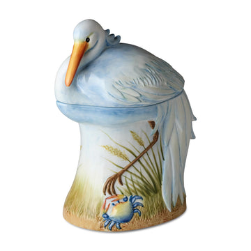 Coastal Birds 3D COOKIE JAR, Ceramic artist-designed Wetland Pelican Bird Canister with Lid, Blue Sky Marsh Scene