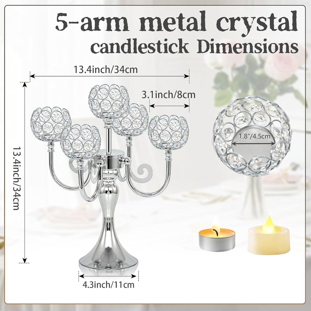 5 Arm Metal Crystal Candelabra Centerpiece - 13.4 Inch Elegant Candle Holder with Crystal Beadsation (2, Silver)