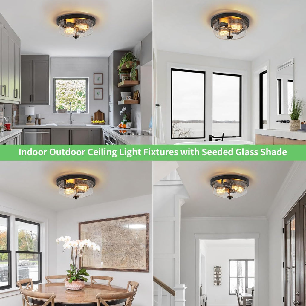 Black Flush Mount Ceiling Light Farmhouse Outdoor Porch Light Fixtures With Seeded Glass Shade
