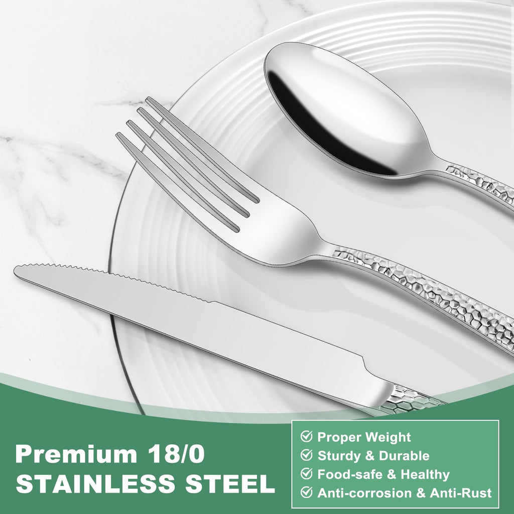 Hammered Silverware Set, 40-Piece Stainless Steel Wave Flatware Set for 8, Food-Grade Tableware Cutlery Set, Utensil