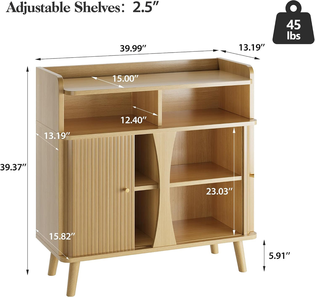 39" Buffet Sideboard Cabinet, Mid Century Modern Console Cabinet with Roller Shutter Sliding Doors & Adjustable
