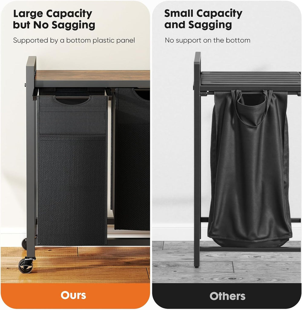 Laundry Hamper with 2 Pull-Out Removable Sorter Bags, Movable Wheels, Freestanding Clothes Basket Organizer , 2 x