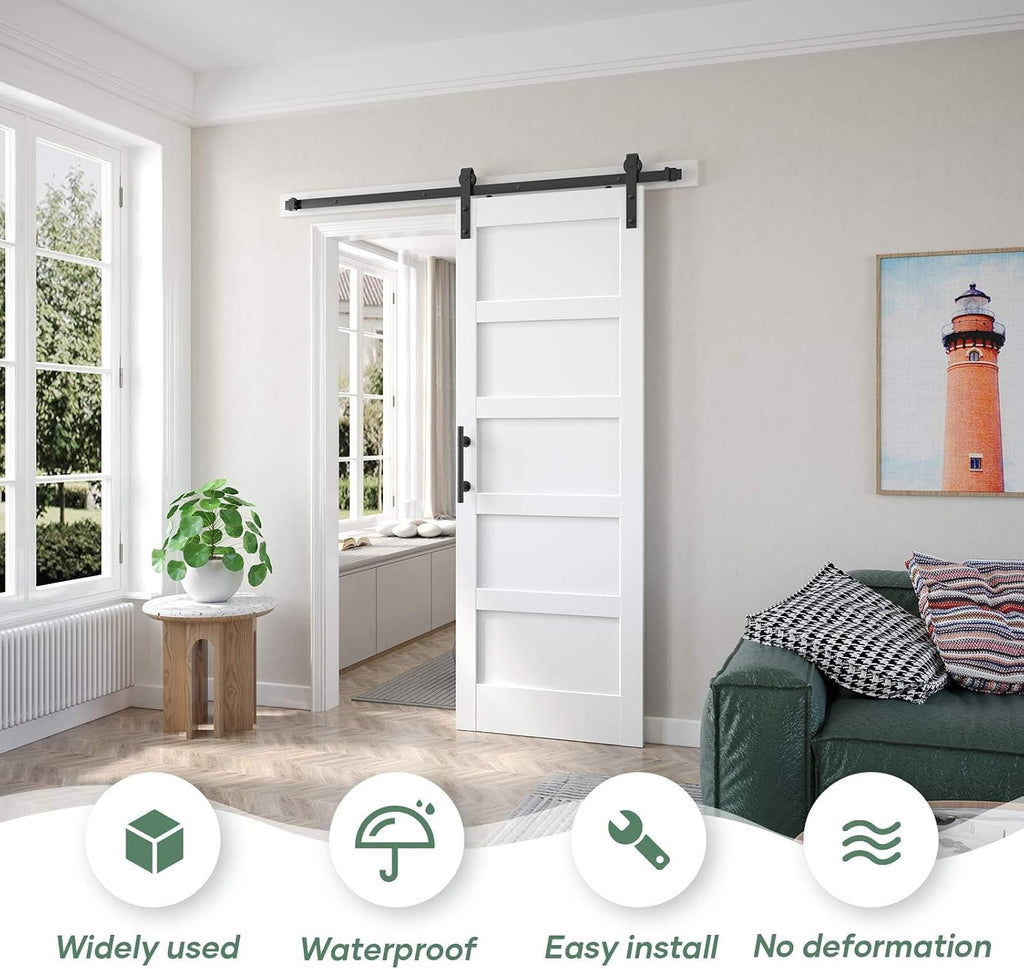 30x84 inch White Barn Door with 5.5FT Sliding Door Hardware Kit Included & Handle,Solid,MDF, PVC Surface,DIY Assembly