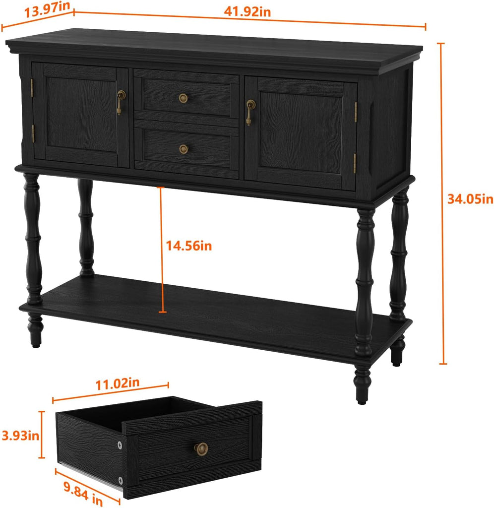 Console Table with 2 Drawers, Retro Entryway Table with 2 Door Cabinets and Open Storage Shelf, Narrow Long Behind