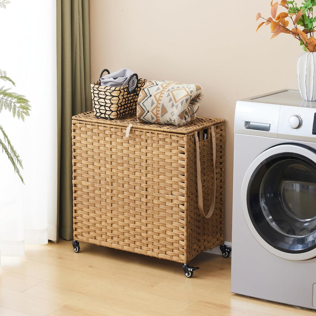 Laundry Hamper with Wheels, 39.6 Gallon(150L) Rolling Laundry Basket with Lid, 3-Section Rattan Clothes Hamper with 3