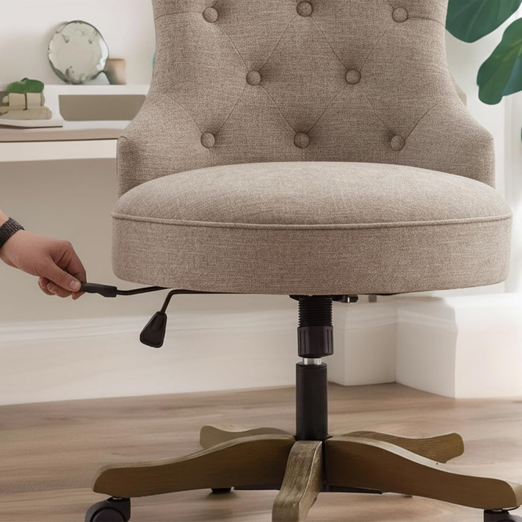 Home Upholstered Armless Linen Fabric Desk Chair with Wheels Adjustable Height Computer Desk Chair with Wooden Legs