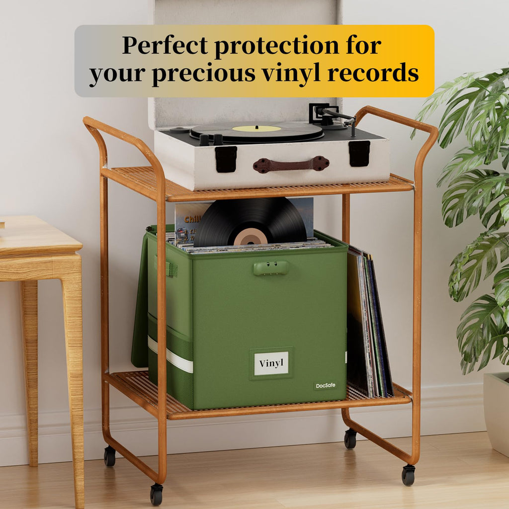Vinyl Record Storage Box with Lock, Fireproof&Water Resistant Record Organizer for 100+ Single Records(12-inch)