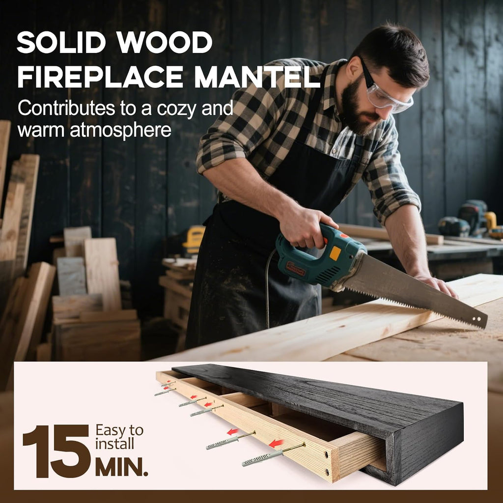 Shelf, 72×8×3 Inch Wooden Floating Shelf for Over Fireplace, Handcrafted Wood Mantels, Wall-Mounted Mantel Shelves