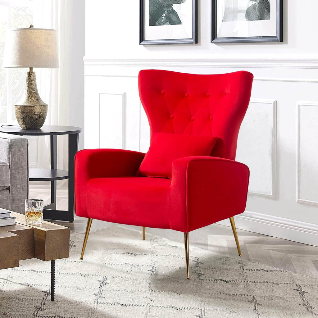 Velvet Accent Arm Chairs Set of 2, Mid-Century Modern Living Room Chair, Wingback Bedroom Side Chair with Gold Legs &