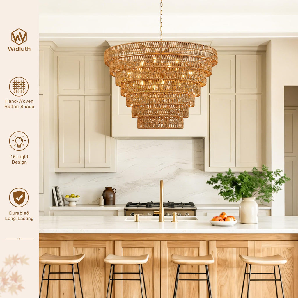 39.4" Large Gold Rattan Chandelier, 15-Light Wicker Drum Boho Light