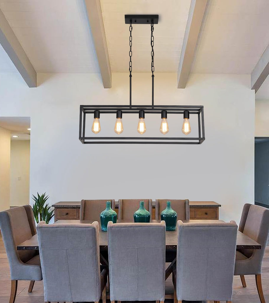 Black Rectangle Kitchen Island Lights Rectangular Modern Industrial Chandelier 5 Lights Linear Vintage Cage Light