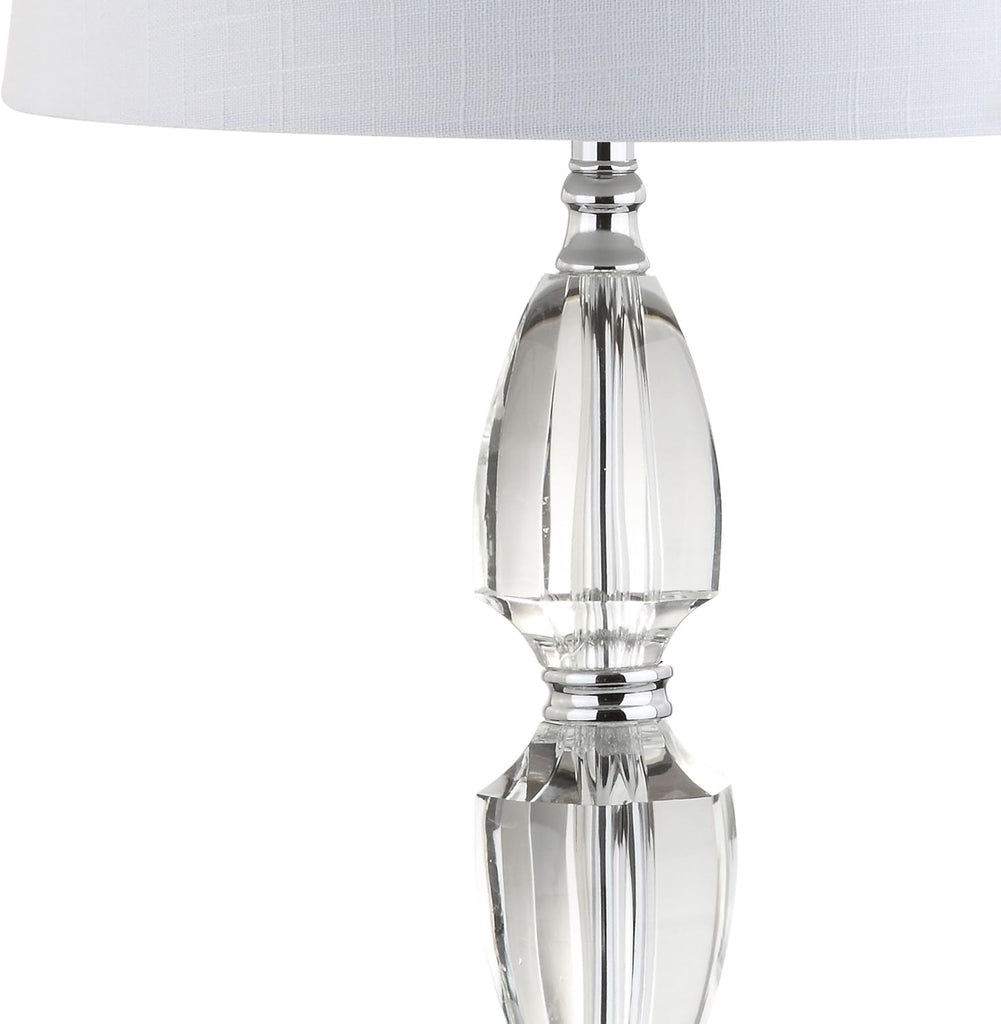 27" Clear Crystal LED Table Lamp, Traditional French Country Chrome Nightstand Lamp with White Linen Drum Shade