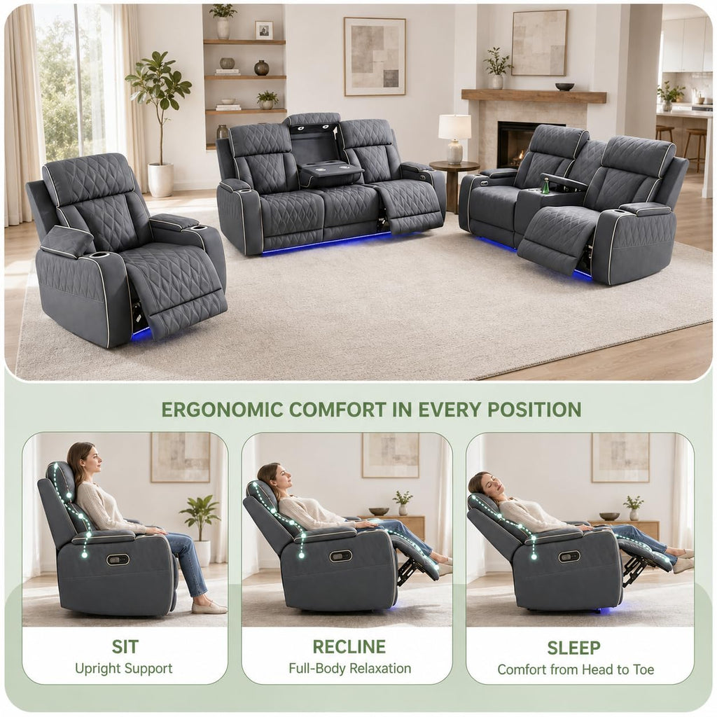 3-Piece Power Recliner Sofa Set, Leather Reclining Couch Set with Ambient LED Lights, Storage Console, USB-C Ports