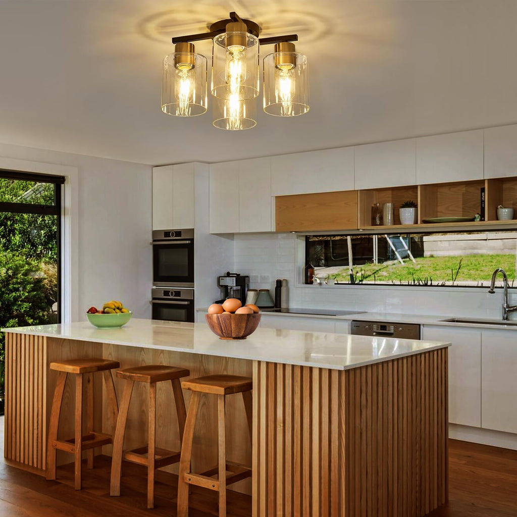 4-Light Semi Flush Mount Ceiling Light, Black and Gold Kitchen Lighting Fixtures Ceiling, Farmhouse Ceiling Light