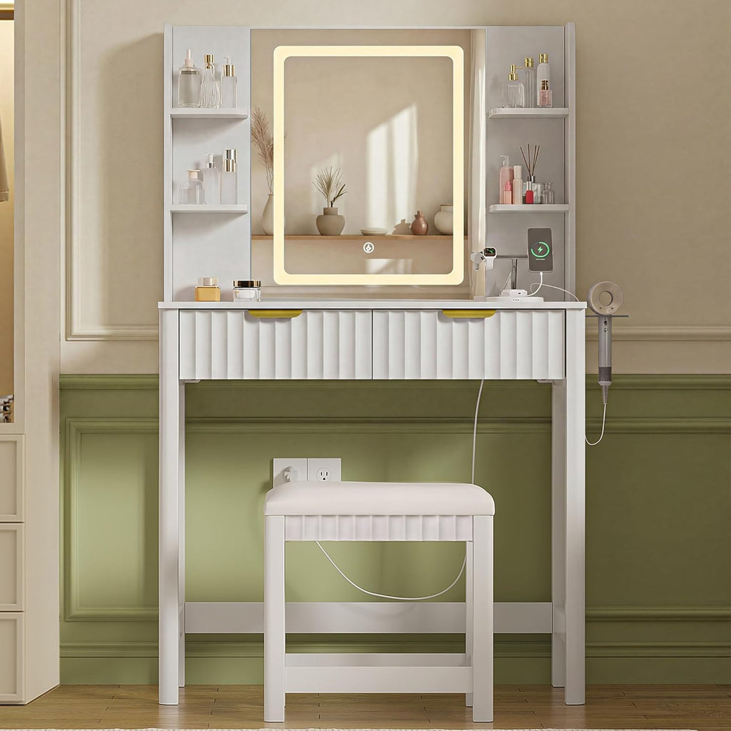 Vanity Desk with LED Mirror, 3 Lighting Modes and Chair | Small Makeup Vanity Table Set with Fluted Drawers, Dressing