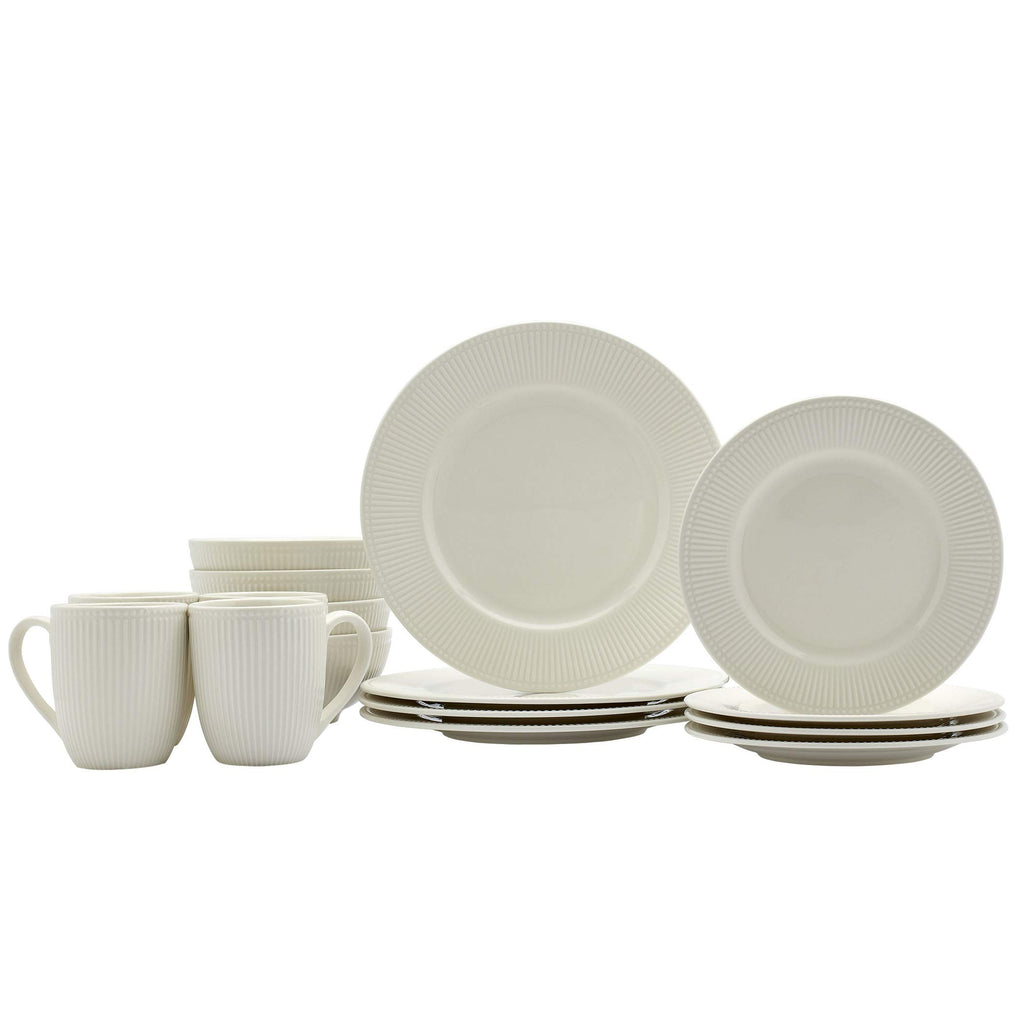 Gallery Embossed Bone White Porcelain Round Dinnerware Collection- Chip Resistant Scratch Resistant, Fleur 16 Piece