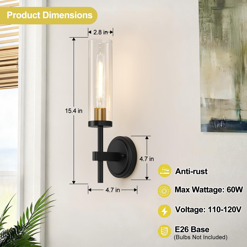 Hardwired Wall Sconces Set of Two, Black and Gold Bathroom Sconces with Clear Glass, Modern Wall Light Fixtures