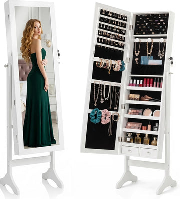 Freestanding Jewelry Armoire Cabinet, 47.3" Full Length Mirror Jewelry Organizer, Lockable Standing Jewelry