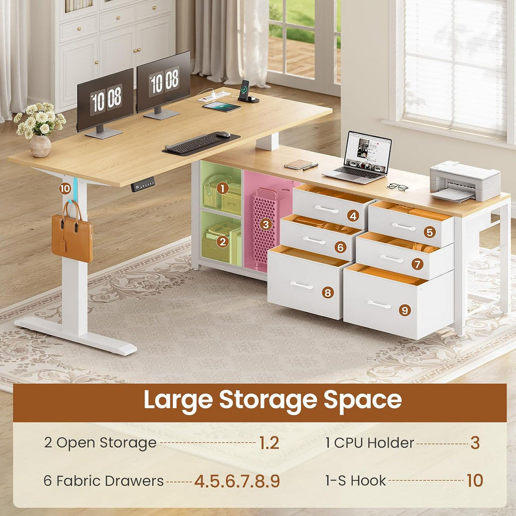 L Shaped Electric Standing Desk, 55" x 55" Height Adjustable Office Executive Desk with 6 Fabric Drawers and Storage