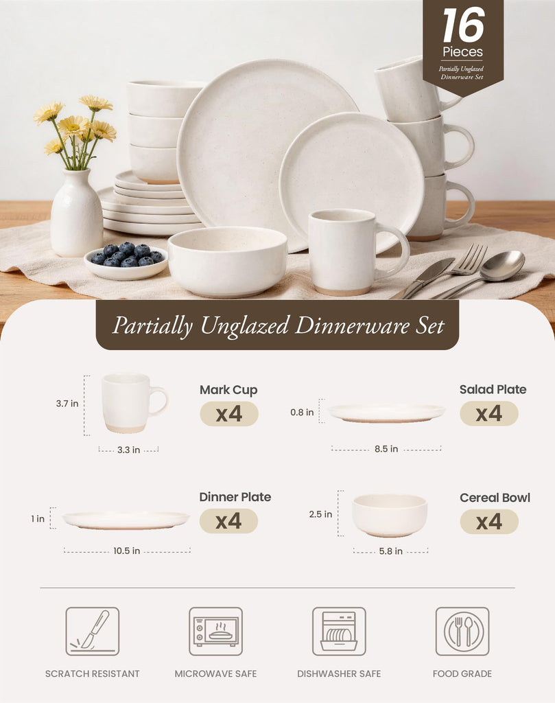 16-Piece Stoneware Dinnerware Set for 4 with Mugs, Plates and Bowls Sets with Partially Unglazed Base, Scratch
