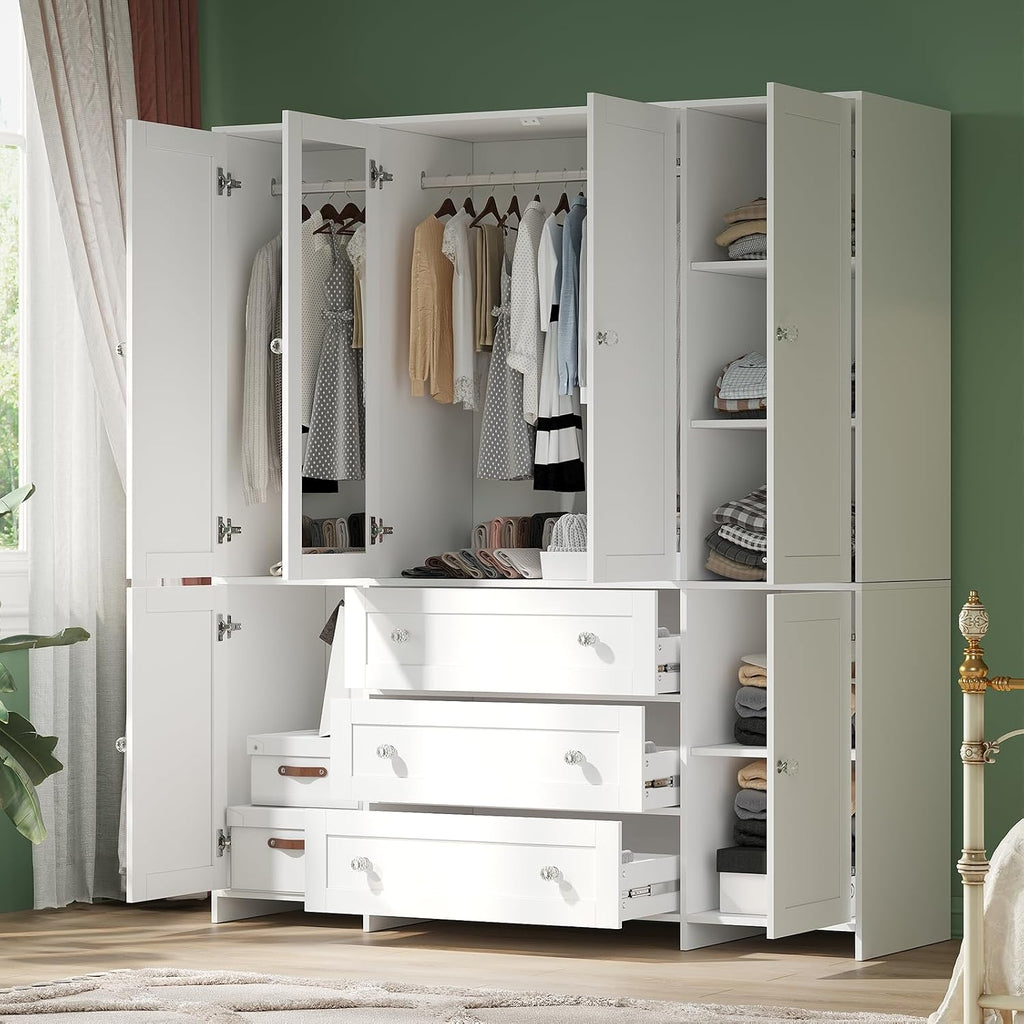 71" Armoire Wardrobe Closet with Drawers and Mirror, 6 Doors | Clothing Storage Cabinet with Hanging Rod, Wardrobe