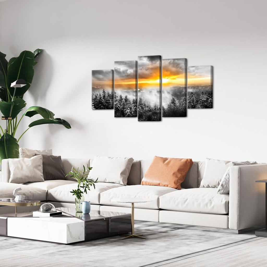 5 Panels Fog Mountain Canvas Wall Art Sunrise Misty Forest Print Picture Paintings Black and White Nature Artwork