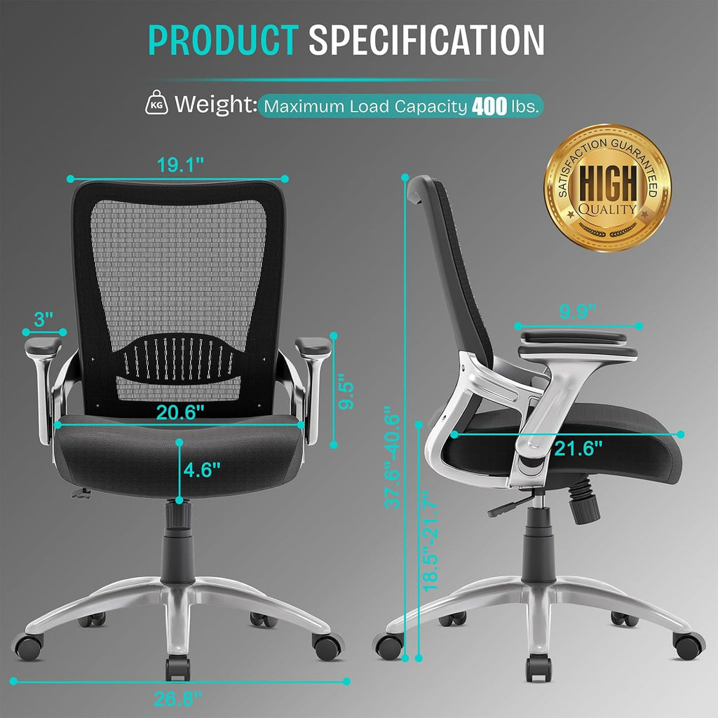 Ergonomic Computer Desk Chair, Sturdy Executive Task Chair - Adjustable Lumbar Support, Flip-up Arms, Tilt Function