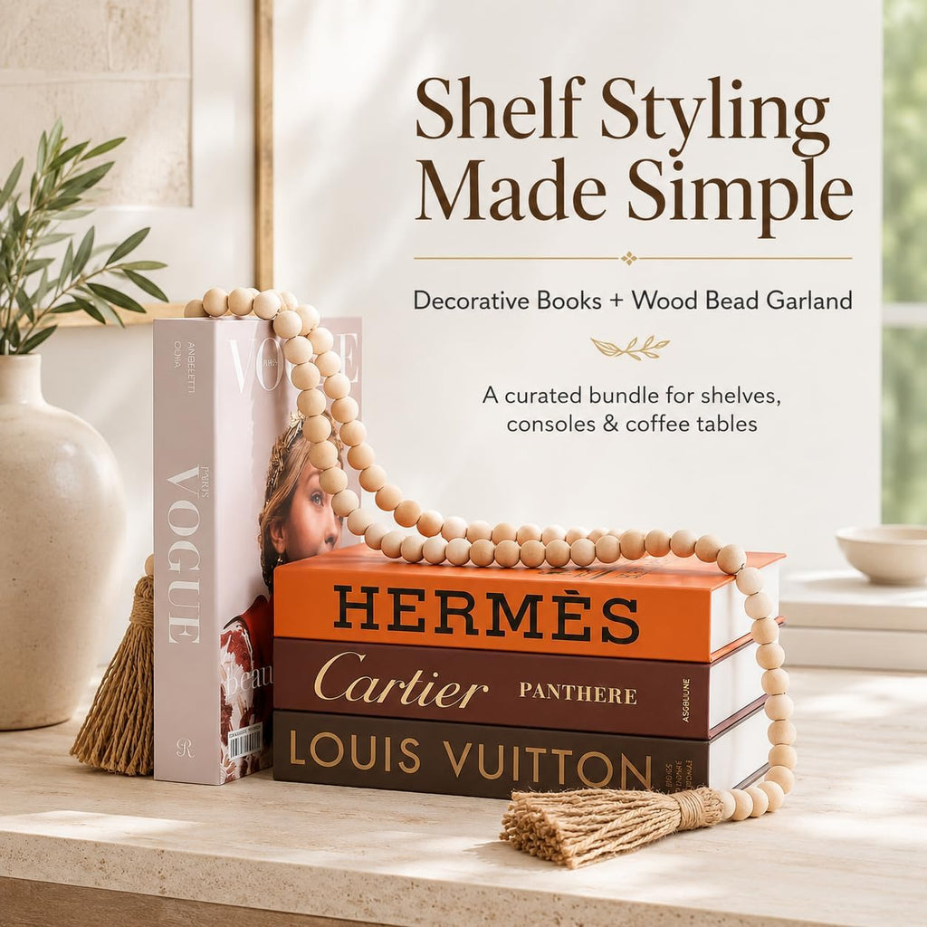 Faux Book Set + Wood Bead Garland Bundle, Glam Shelf Decor | 4 cardboard books plus 58in wood bead garland