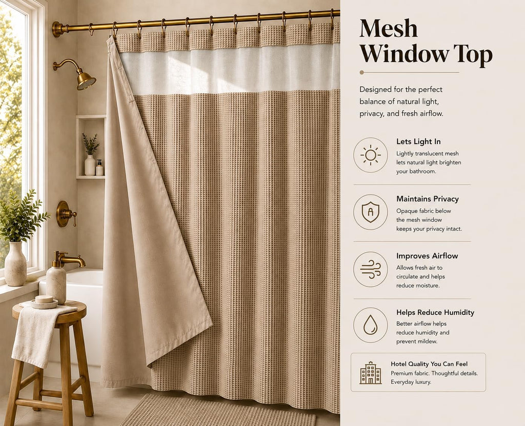Hotel Style Waffle Weave Shower Curtain with Snap-In Waterproof Fabric Liner, Mesh Top Window, Water Resistant