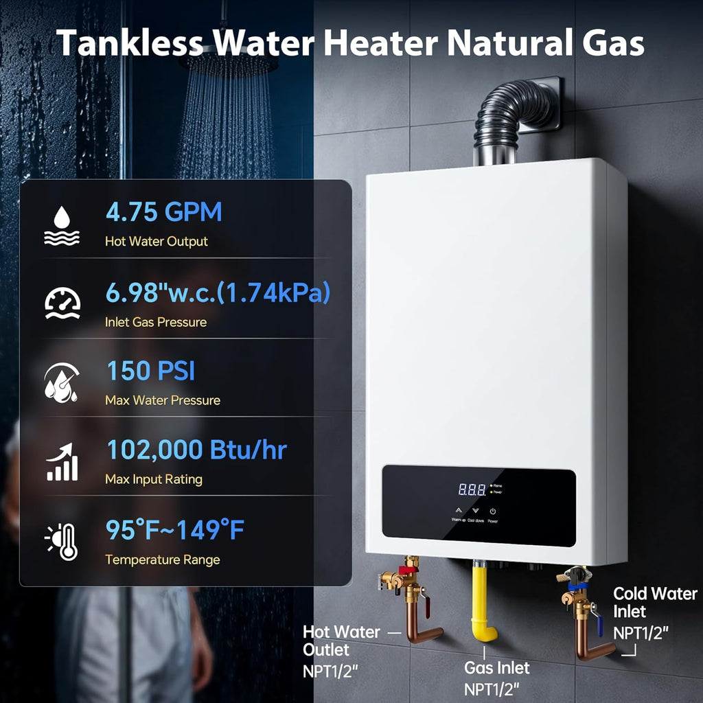 Natural Gas Tankless Water Heater, 4.75GPM 102, 000BTU Instant Hot Water Heater