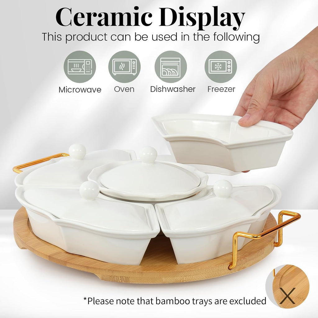 Party Serving Trays and Platters, Ceramic Lazy Susan Serving Tray with Divided Sections Appetizer Rotating Serving