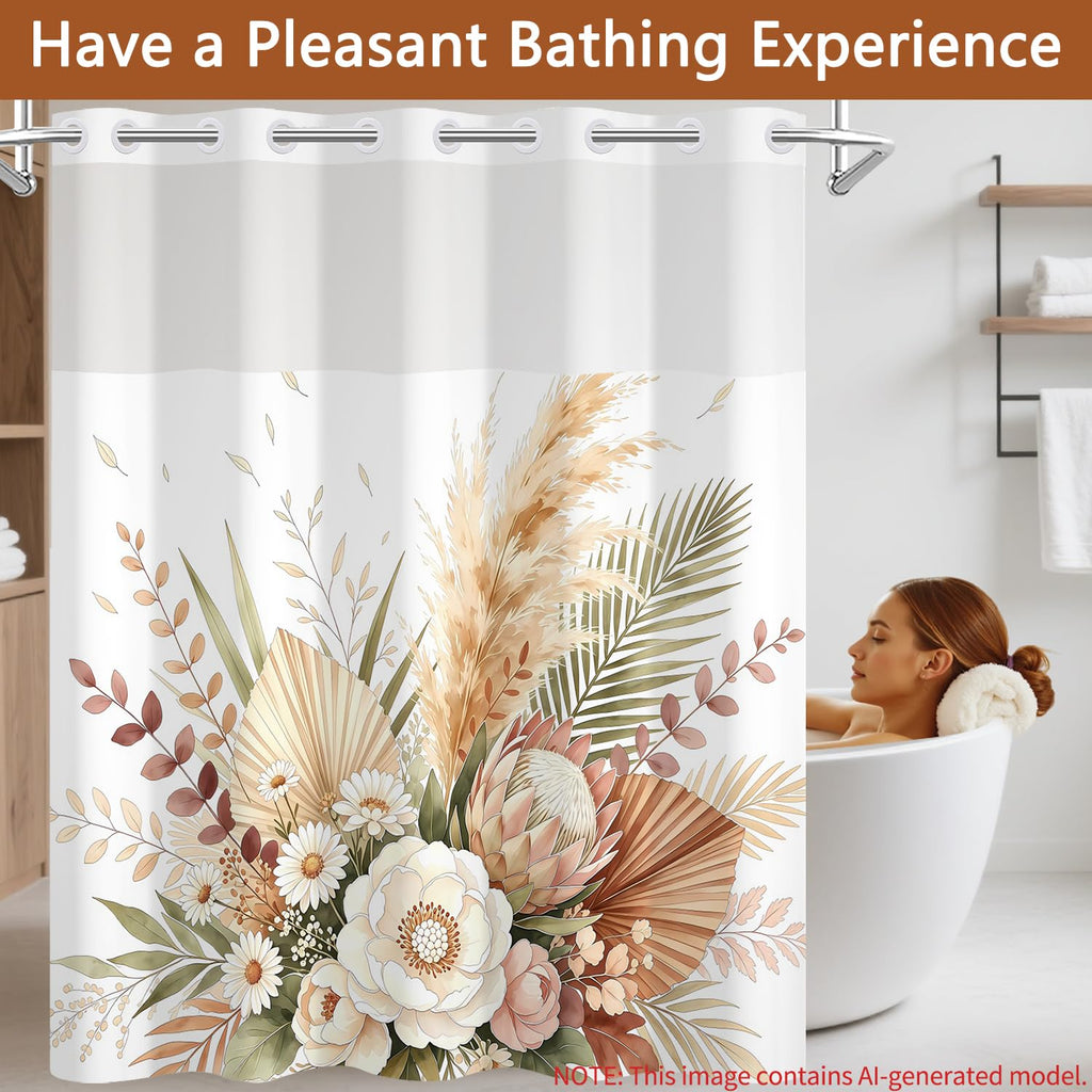 Boho Pampas Floral No Hook Shower Curtain with Snap in Liner Set 71x74 Inch